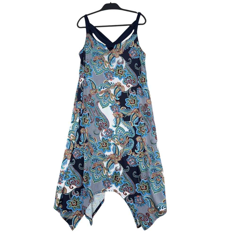 Karin Stevens‎ Handkerchief Hem Dress Womens 14 Polyester Spandex Paisley Navy